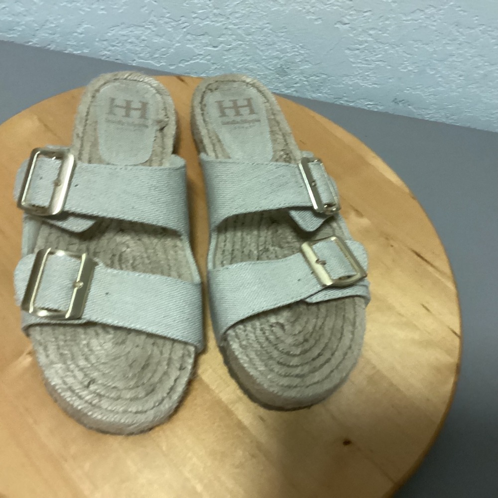 Haute Hippie Canvas Espadrille Flat Sandals Womens 10 Beige Double Buckle Slides - Picture 4 of 11